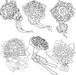 a set of hand-drawn rose bouquet