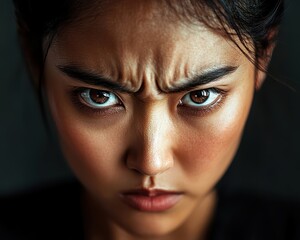 Closeup of Asian woman with furrowed brows and glaring eyes, dark background, deep anger conveyed through sharp features