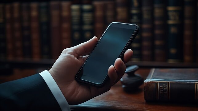 Judge hands phone and person reading attorney communication advertising space or contact law firm consultant Lawyer cellphone mockup and top view advocate work on legal contract or pol : Generative AI