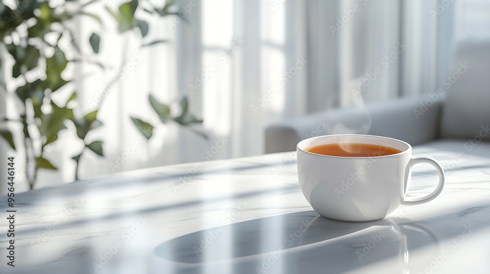 Aufkleber laptop and white mug with tea on a table workspace in a modern room with white walls : generative ai