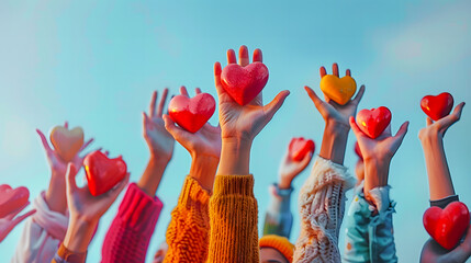 Group of diverse people with arms and hands raised towards hand painted hearts. Charity donation, volunteer work, support, assistance. Multicultural community. People diversity