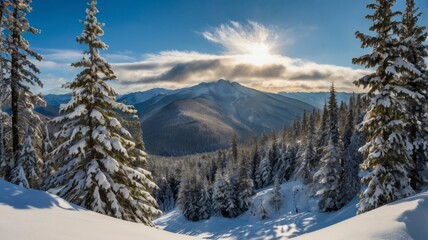 Snowy peak panorama winter forest