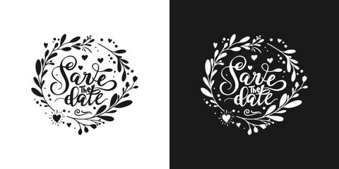 Save The Date abstract text calligraphy decorated with natural ornaments