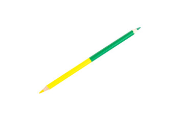 Two sided colored pencils isolated on white background, Wooden color pencils, Green and Yellow