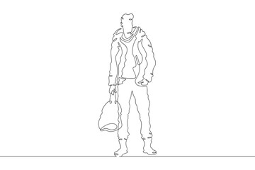 Continuous one line drawing a man in beautiful winter clothes. A young man is walking in a coat. A stylishly dressed man . One continuous line isolated minimal illustration.