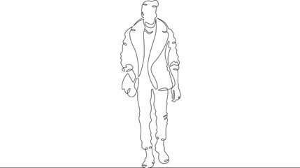 Continuous one line drawing a man in beautiful winter clothes. A young man is walking in a coat. A stylishly dressed man . One continuous line isolated minimal illustration.