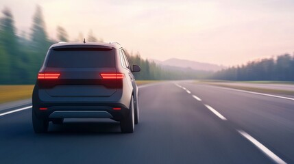 A sleek car driving on an open road surrounded by nature, illustrating freedom and adventure in the great outdoors.