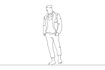 Continuous one line drawing a man in beautiful winter clothes. A young man is walking in a coat. A stylishly dressed man . One continuous line isolated minimal illustration.