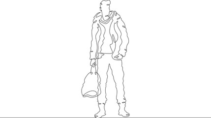 Continuous one line drawing a man in beautiful winter clothes. A young man is walking in a coat. A stylishly dressed man . One continuous line isolated minimal illustration.