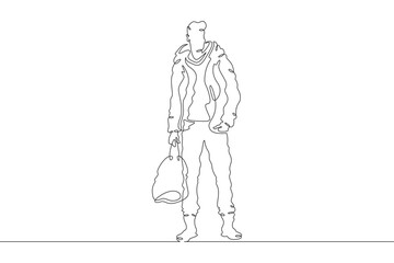 Continuous one line drawing a man in beautiful winter clothes. A young man is walking in a coat. A stylishly dressed man . One continuous line isolated minimal illustration.