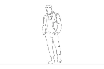Continuous one line drawing a man in beautiful winter clothes. A young man is walking in a coat. A stylishly dressed man . One continuous line isolated minimal illustration.