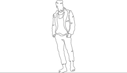 Continuous one line drawing a man in beautiful winter clothes. A young man is walking in a coat. A stylishly dressed man . One continuous line isolated minimal illustration.