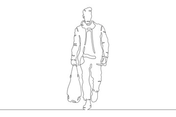 Continuous one line drawing a man in beautiful winter clothes. A young man is walking in a coat. A stylishly dressed man . One continuous line isolated minimal illustration.