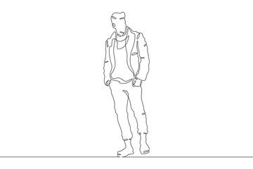 Continuous one line drawing a man in beautiful winter clothes. A young man is walking in a coat. A stylishly dressed man . One continuous line isolated minimal illustration.