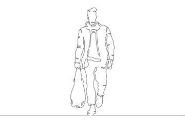 Continuous one line drawing a man in beautiful winter clothes. A young man is walking in a coat. A stylishly dressed man . One continuous line isolated minimal illustration.