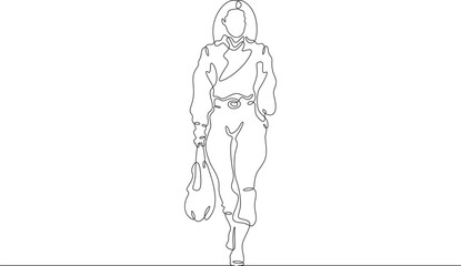 Continuous one line drawing woman in beautiful winter clothes. Girl walking in coat. Woman with woman's handbag. One continuous line isolated minimal illustration.