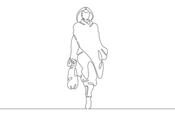 Continuous one line drawing woman in beautiful winter clothes. Girl walking in coat. Woman with woman's handbag. One continuous line isolated minimal illustration.