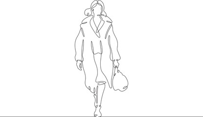 Continuous one line drawing woman in beautiful winter clothes. Girl walking in coat. Woman with woman's handbag. One continuous line isolated minimal illustration.