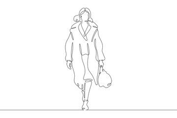 Continuous one line drawing woman in beautiful winter clothes. Girl walking in coat. Woman with woman's handbag. One continuous line isolated minimal illustration.