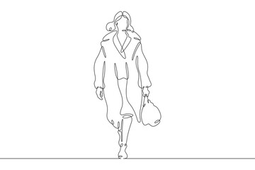 Continuous one line drawing woman in beautiful winter clothes. Girl walking in coat. Woman with woman's handbag. One continuous line isolated minimal illustration.
