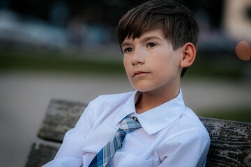 A young boy in a white shirt and blue plaid tie sits on a wooden bench, looking thoughtful as he...