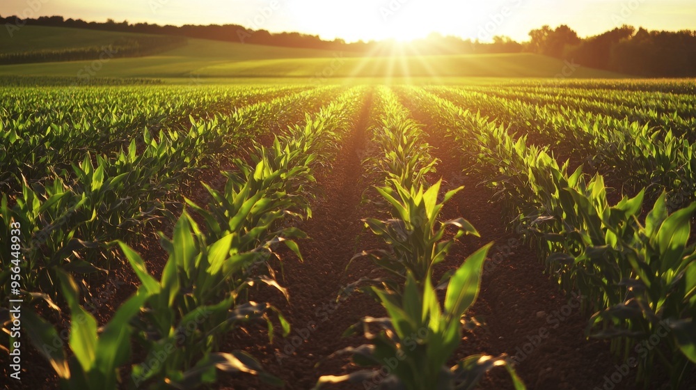 Poster rows of corn plants in a neatly organized field, with the sun setting in the background, casting a w