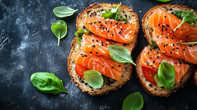 Sandwiches with salted salmon Healthy food breakfast Top view : Generative AI
