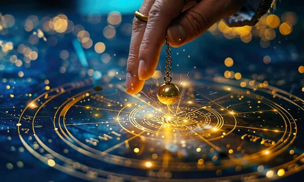 Finger pointing to a pendulum over astrological chart with magical glow