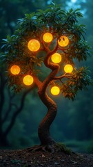A tree bearing glowing fruits, each fruit symbolizing a different area of knowledge