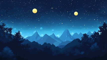 A minimalist digital illustration of a mountain range at night, under a starry sky.