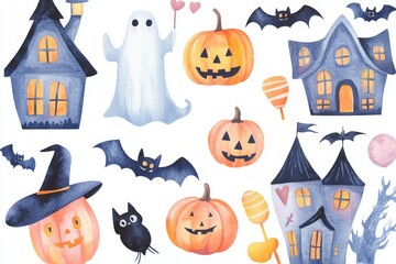 watercolor Halloween-themed clipart. Include elements such as pumpkins, ghosts, witches, bats, black cats, haunted houses, and candy. 