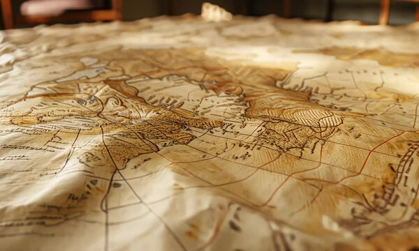 Vintage map with intricate details sprawled across a wooden surface