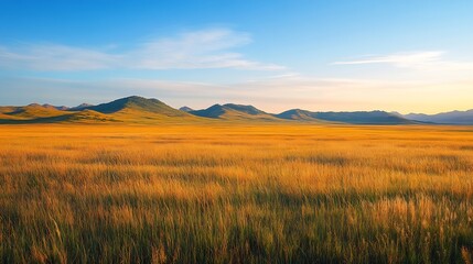 Obraz premium Beautiful grassland and mountain natural landscape at sunrise in Inner Mongolia China Colorful grassland natural scenery in autumn season : Generative AI