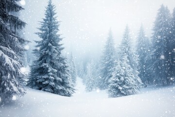 A serene winter landscape with snow-covered trees and a soft snowfall.