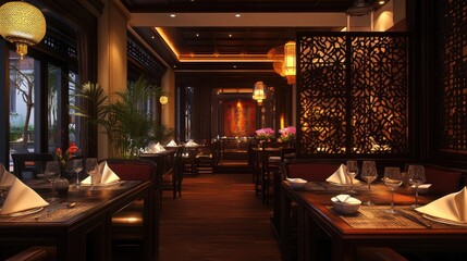 Elegant Chinese restaurant interior. This photo shows the interior of a restaurant with traditional Chinese decor.