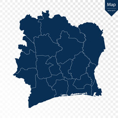 Transparent - High Detailed Blue Map of Ivory Coast. Vector eps10.	
