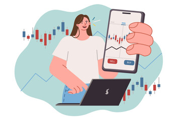 Woman with mobile trading application on phone shows display with stock exchange quotes