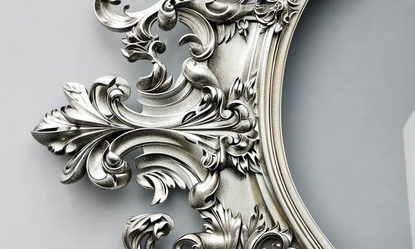 A section of an elegant silver mirror frame reveals exquisite floral and scroll designs
