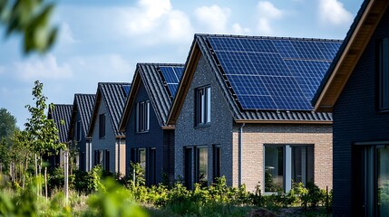 Newly built houses with black solar panels on the roof against a sunny sky Close up of new building with black solar panels Zonnepanelen Zonne energie Translation Solar panel Sun Energ : Generative AI