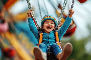 Fototapeta premium A young girl laughing joyfully while swinging high on a carnival swing ride, wearing a colorful beanie, symbolizing pure childhood joy and exhilaration.