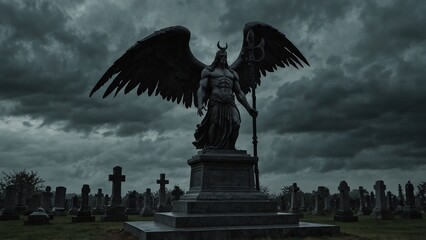 Fototapeta premium A statue of Thanatos standing in a dark cemetery, holding the scythe of death, with a gloomy gray sky as the backdrop.