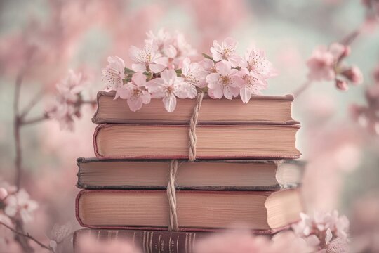 closed books tied together with a piece of twine, adorned with delicate pink cherry blossoms against a soft-focus background of more cherry blossoms.