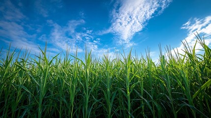 Fototapeta premium Agriculture Sugar cane plantation with blue sky background sugarcane is a grass of poaceae family Sugar cane plant tree in countryside for food industry or renewable bioenergy power pa : Generative AI