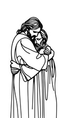 Vector icon in flat style of one line on white background with the image of Jesus who embraces a sinner
