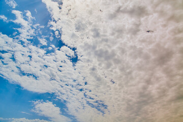 A dense cover of gray clouds covers the blue sky