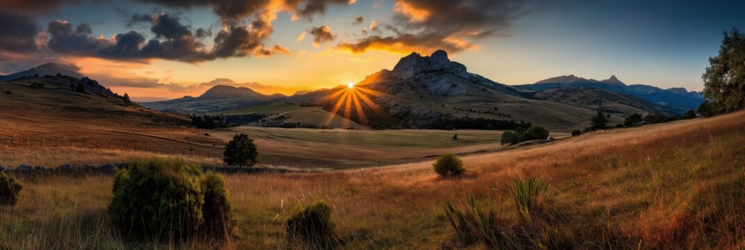 Sunset graces a vast mountain valley with golden grassy fields, creating a breathtaking panorama marked by warm hues and dramatic skies, evoking calm and wonder.