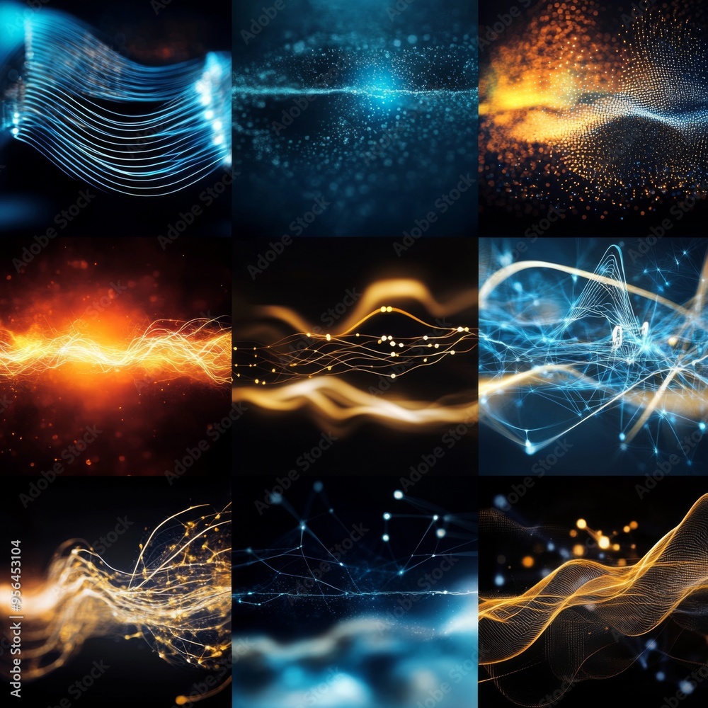 Poster These prompts should work well for generating stock photos featuring electrical waves in various contexts and styles in a 16:9 aspect ratio.