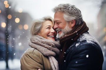 Obraz premium caucasian elderly couple happily cuddle each other under falling snow in the afternoon. gray haired man and woman in love, retired couple enjoying hugs
