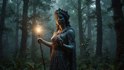 A statue of Circe standing in a forest filled with ethereal light, holding a magic wand, with a misty, mysterious atmosphere in the background.