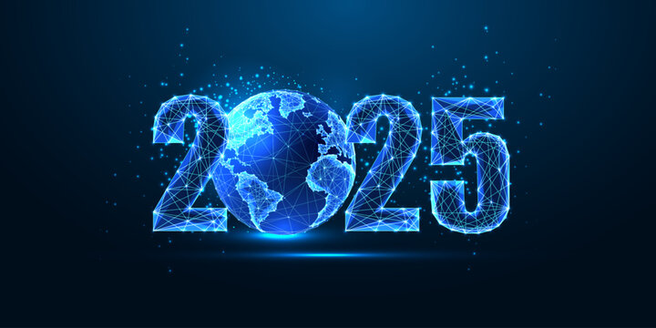 Abstract 2024 New Year digital web banner with glowing blue polygonal 2025 digits and planet Earth